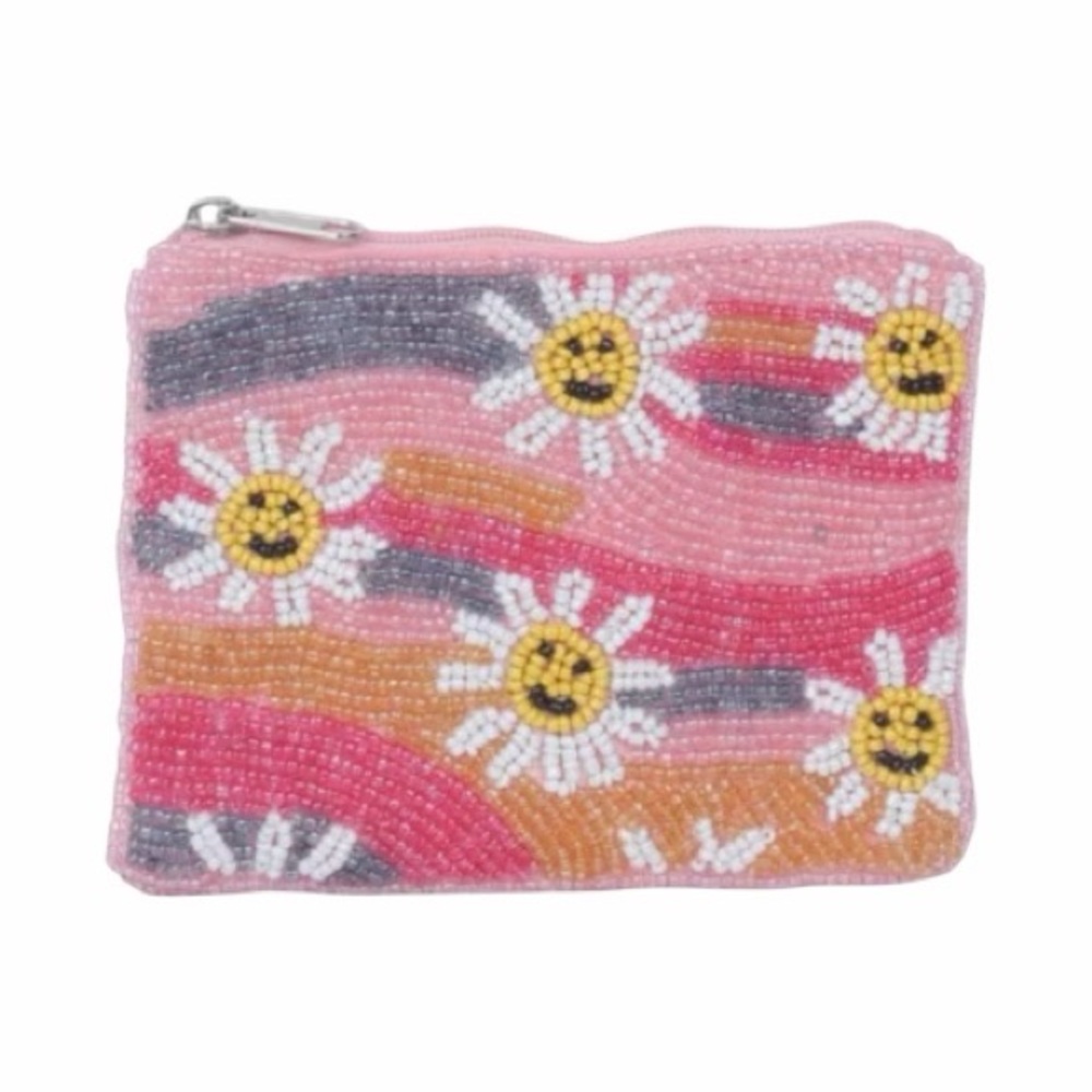 Viral Pink Beaded Smiley Face Sun Coin Purse NWT